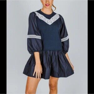 Tanya Taylor Kirstie Puff Sleeve Drop Waist Round Neck Cotton Mini Dress Size XS